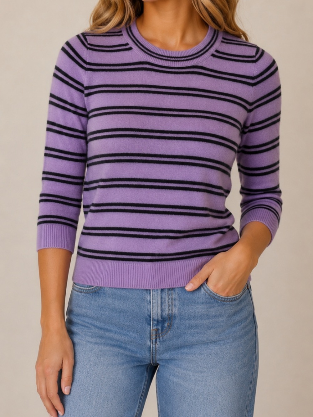 J. Crew 100% Italian Cashmere Striped Crewneck Pullover Sweater Purple Small